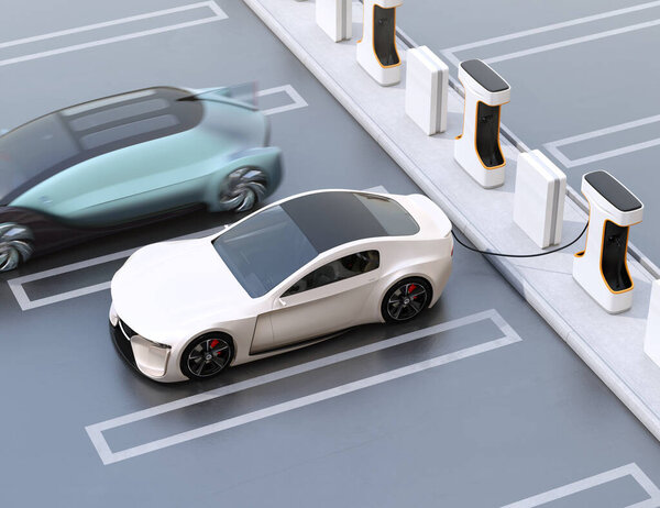 Электрический спортивный автомобиль зарядки на общественной зарядной станции. 3D рендеринг изображений
.
