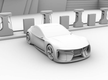 Kamu Şarj İstasyonu 'nda elektrikli bir spor arabayı Clay' in görüntülemesi. 3d görüntüleme.