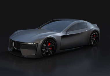 Siyah arka planda metalik siyah elektrikli spor coupe. 3D görüntü oluşturuluyor. Asıl tasarım.