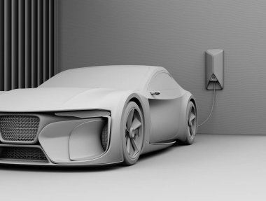 Evde elektrikli spor arabanın Clay görüntüsü var. 3d görüntüleme.