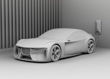 Clay 'in elektrikli spor arabaları evdeki güç kaynağına bağlaması. Sürdürülebilir yaşam tarzı konsepti. 3d görüntüleme.