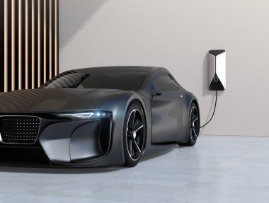 Elektrikli spor araba evdeki güç kaynağına bağlanıyor. Sürdürülebilir yaşam tarzı konsepti. 3D görüntü oluşturuluyor. Asıl tasarım.