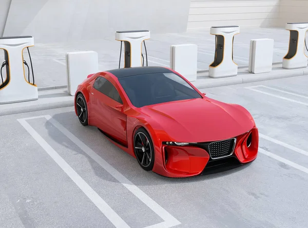 Red Electric Sports Car Charging Public Charging Station Rendering Image — 스톡 사진