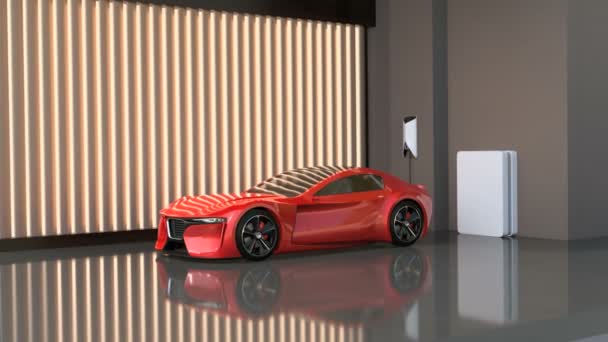 红色电动跑车在家用充电站充电 可持续生活方式概念 3D渲染动画 — 图库视频影像
