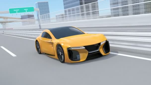 高速道路を走行する黄色の電動スポーツクーペ 3Dレンダリングアニメーション — ストック動画