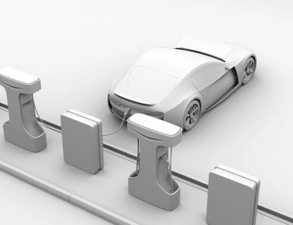 公共充電ステーションでの電動スポーツカー充電の粘土レンダリング 3Dレンダリング画像 — ストック写真