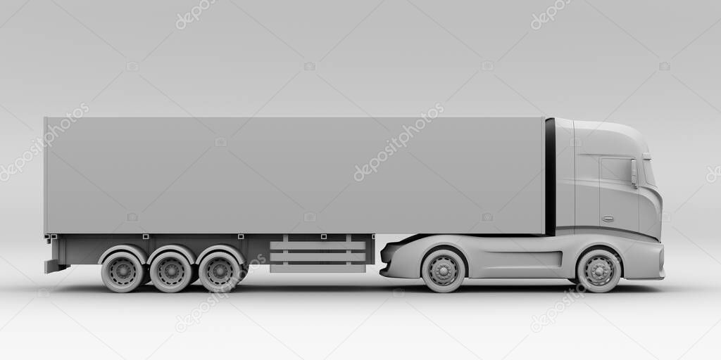 Clay rendering of generic design Heavy Electric Truck. Side view. 3D rendering image. 