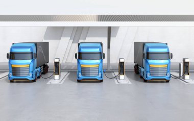 Kamu Şarj İstasyonu 'nda çatıya monte edilmiş güneş panelleriyle yüklü mavi ağır elektrikli kamyonların ön görüntüsü. 3B görüntüleme.