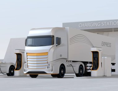 Kamu Şarj İstasyonunda jenerik tasarım Ağır Elektrik Kamyonu şarj ediliyor. 3B görüntüleme.
