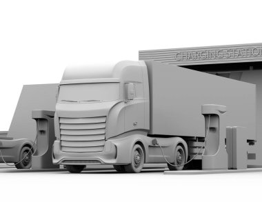 Kamu Şarj İstasyonu 'nda ağır elektrikli kamyonların Clay canlandırması. 3B görüntüleme.