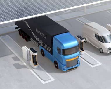 Kamu Şarj İstasyonu 'nda çatıya monte edilmiş güneş panelleriyle yüklü mavi ağır elektrikli kamyon. 3B görüntüleme.
