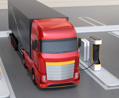 Kamu Şarj İstasyonunda jenerik tasarım Red Heavy Electric Truck şarj ediliyor. 3B görüntüleme.