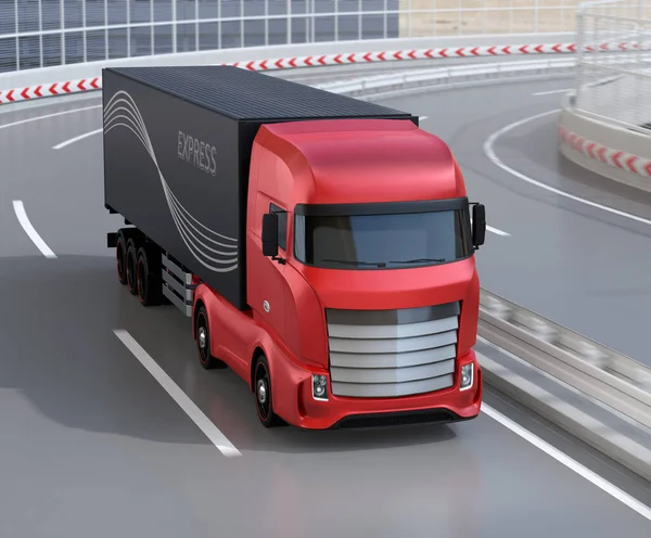 Generic design Heavy Electric Truck driving on highway. The cargo container equipped with solar panels. 3D rendering image.