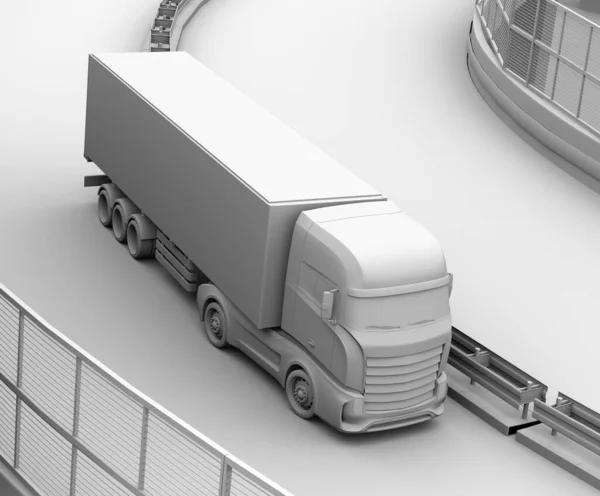 Clay rendering of generic design Electric Truck driving on the highway. 3D rendering image.