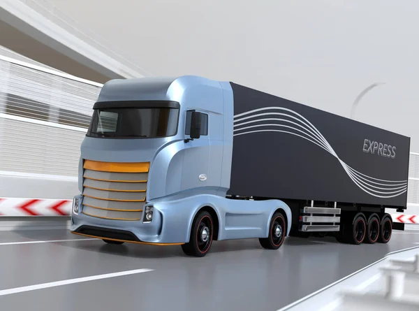 Generic design blue Heavy Electric Truck driving on the highway. 3D rendering image.