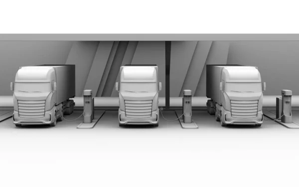 Clay rendering of Heavy Electric Trucks charging at Public Charging Station. 3D rendering image.