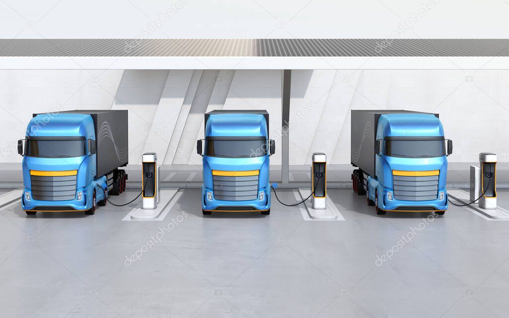 Front view of generic design blue Heavy Electric Trucks charging at Public Charging Station with roof-mounted solar panels. 3D rendering image.