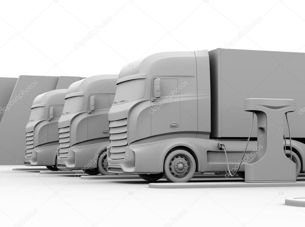 Clay rendering of Heavy Electric Trucks charging at Public Charging Station. 3D rendering image.