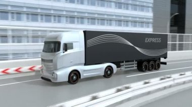 Genel tasarım mavi ağır elektrikli kamyon otoyolda gidiyor. Sürdürülebilir lojistik konsept. 3B canlandırma canlandırması.