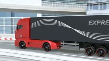 Otoyolda giden genel tasarım kırmızı ağır elektrikli kamyon. Sürdürülebilir lojistik konsept. 3B canlandırma canlandırması.