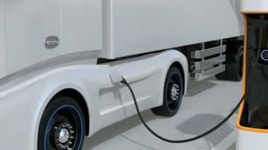 Kamu Şarj İstasyonunda jenerik tasarım mavi ağır elektrikli kamyonlar şarj ediliyor. Çatıya monte edilmiş güneş panelleriyle donatılmış şarj istasyonu. 3B canlandırma canlandırması.