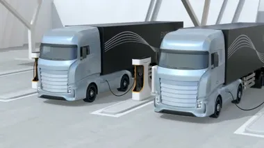 Kamu Şarj İstasyonunda jenerik tasarım mavi ağır elektrikli kamyonlar şarj ediliyor. Çatıya monte edilmiş güneş panelleriyle donatılmış şarj istasyonu. 3B canlandırma canlandırması.
