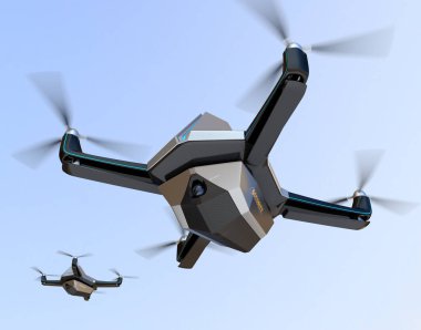 Gökyüzünde uçan elektrikli güvenlik dronları. 3B görüntüleme.