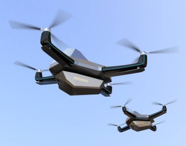 Gökyüzünde uçan elektrikli güvenlik dronları. 3B görüntüleme.