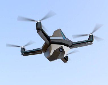 Elektrik Güvenlik Dronu gökyüzünde uçuyor. 3B görüntüleme.