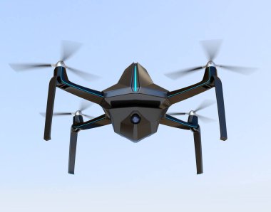 Gökyüzünde uçan elektrikli güvenlik robotunun ön görüntüsü. 3B görüntüleme.