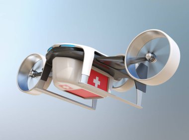 Elektrikli VTOL dağıtım aracı tıbbi malzeme taşır. Dokunulmaz güvenlik teslimatı kavramı. 3B görüntüleme.
