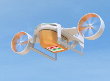 VTOL teslimat aracı havada uçan pizza kutuları taşıyor. Dokunulmaz teslimat konsepti. 3B görüntüleme.