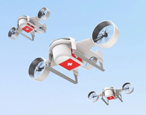 Vtol电动运输机的无人驾驶飞机载着医疗包在空中飞行 无触地提供安全概念 3D渲染图像 — 图库照片
