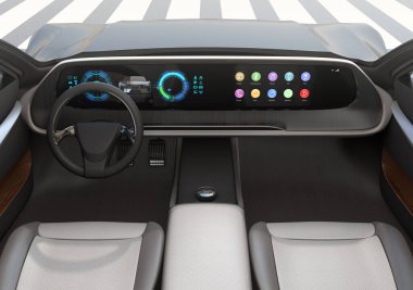 Direksiyonsuz otonom elektrikli araba ve trafik ışığı beklemek için pedallar durdu. Geniş dijital multimedya ekran ve genel tasarım simgeleri. 3B görüntüleme.