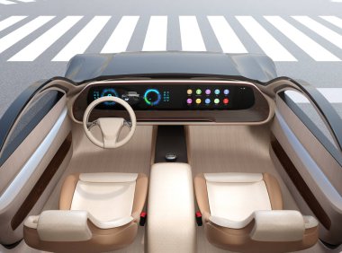 Direksiyonsuz otonom elektrikli araba ve trafik ışığı beklemek için pedallar durdu. Geniş dijital multimedya ekran ve genel tasarım simgeleri. 3B görüntüleme.