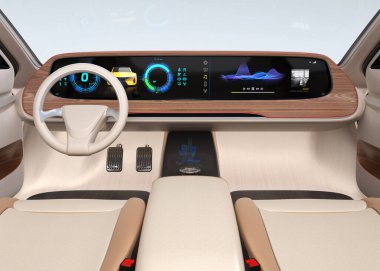 Geniş dijital multimedya ekran otomatik elektrikli araba donanımı. Genel tasarım. 3B görüntüleme.