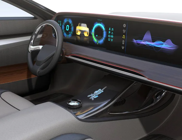 Vista Cerca Del Interior Del Coche Eléctrico Autónomo Velocímetro Reproductor —  Fotos de Stock