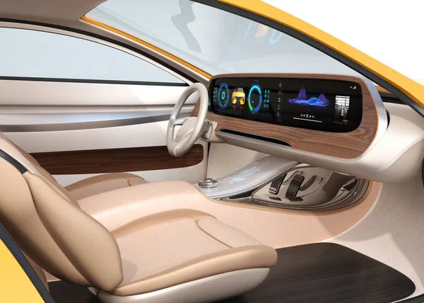 Interior Self Driving Electric Car Equip Wide Digital Multimedia Screen — Stock Photo, Image
