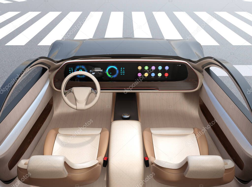 Autonomous electric car without steering and pedals stopped for waiting traffic signal.  Wide digital multimedia screen and icons in generic design. 3D rendering image.