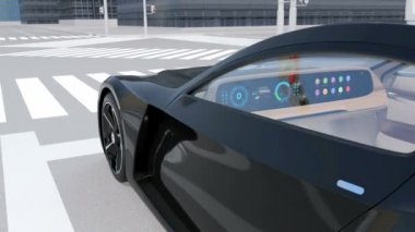 Direksiyonsuz otonom elektrikli araba ve trafik ışığı beklemek için pedallar durdu. Geniş dijital multimedya ekran ve genel tasarım simgeleri. 3B canlandırma canlandırması.