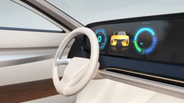 Geniş dijital multimedya ekran otomatik elektrikli araba donanımı. Genel tasarım. 3B canlandırma canlandırması.