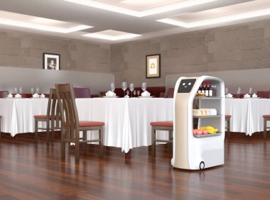 Yemek dağıtım robotu bir restoranda yemek seçmek için bir masanın yanında durdu. Gülümseme duygu simgesi gösteren ekrana dokun. 3B görüntüleme. 