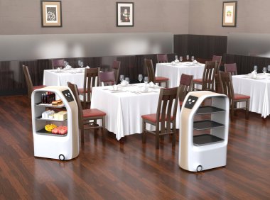 Bir restoranda çalışan iki yemek dağıtım robotu. Dokunulmaz servis konsepti. 3B görüntüleme. 