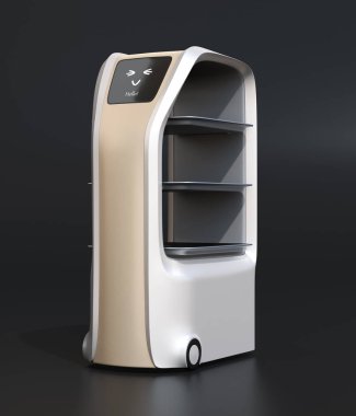 Yemek dağıtım robotu siyah arka planda. Gülümseme duygu simgesi gösteren ekrana dokun. 3 boyutlu görüntüleme. Asıl tasarım.