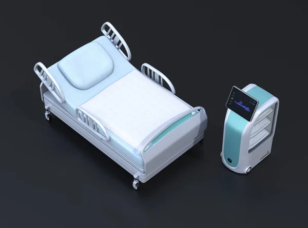 Medical delivery robot and bed on black background. Infection prevention concept. 3D rendering image.