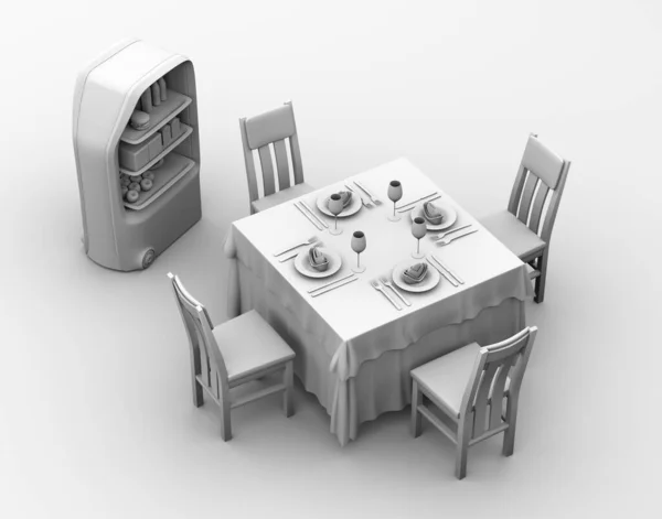食品配送ロボットの粘土レンダリングは ディナーテーブルの横に停止した タッチレスのサービスコンセプト 3Dレンダリングイメージ — ストック写真