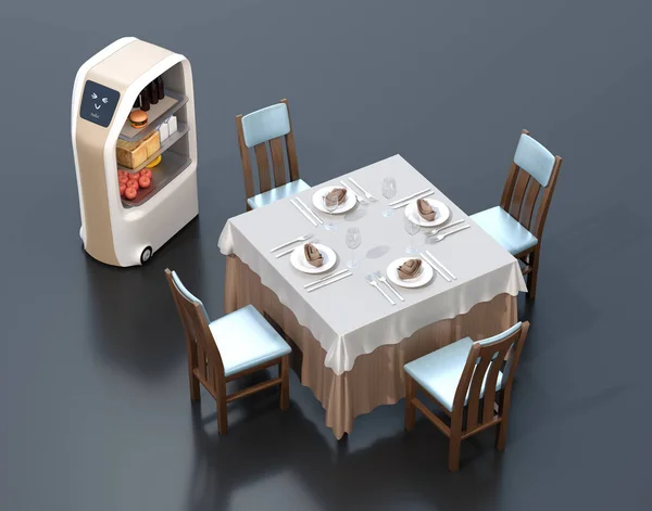 Робот Доставки Еды Остановился Обеденного Стола Бессмысленная Концепция Обслуживания Рендеринг — стоковое фото