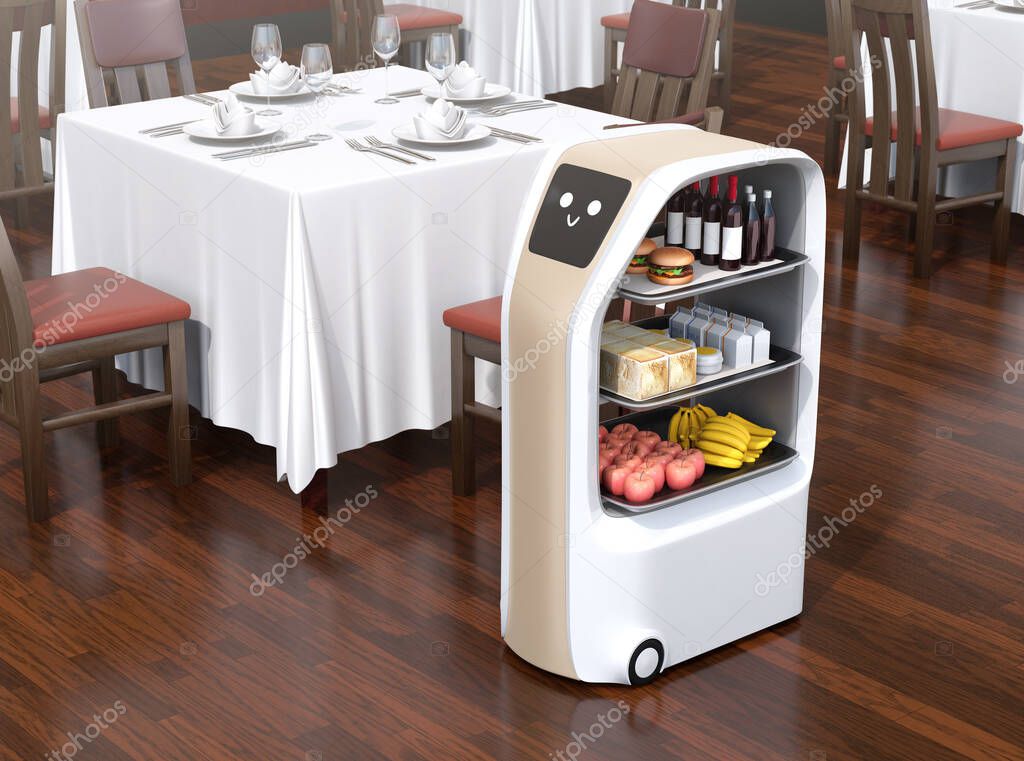 Food delivery robot stopped near a table waiting for picking meals in a restaurant. Touch screen showing smile emotion icon. 3D rendering image. 