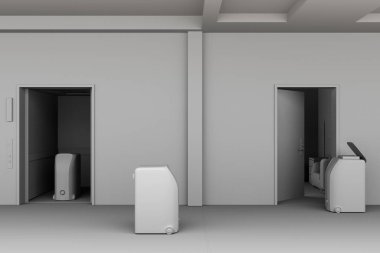 Otelde çalışan teslimatçı robotların Clay canlandırması. Dokunulmaz teslimat konsepti. 3B görüntüleme.