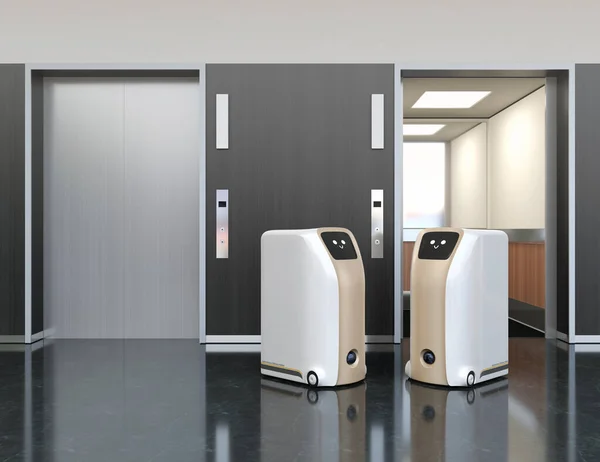 Two Delivery Robots Front Elevators Бесконтактная Концепция Доставки Рендеринг Изображений Стоковое Фото